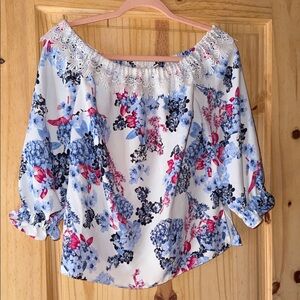 Elle Blue and Pink Floral Blouse with Lace